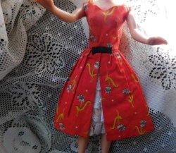 1606 1964 BARBIE RED GARDEN TEA PARTY DRESS, EYELET INSERT, MULES, GLOVES COMPLETE